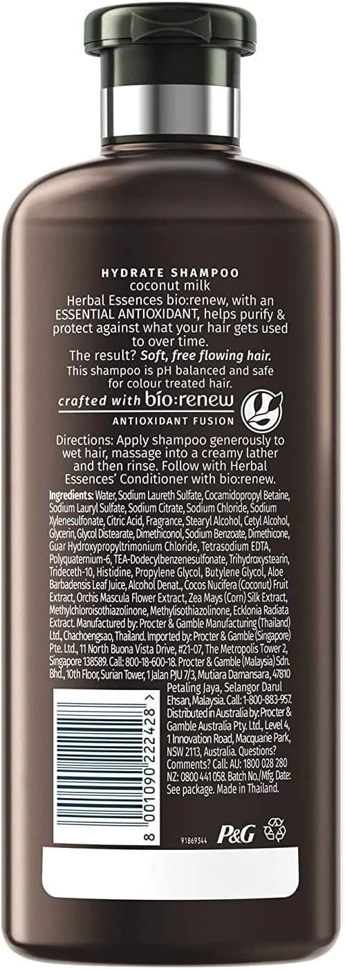 شامپو شیر نارگیل Herbal Essences - برای آبرسانی - بدون پارابن، بدون رنگ، بدون گلوتن، 400 میلی لیتر