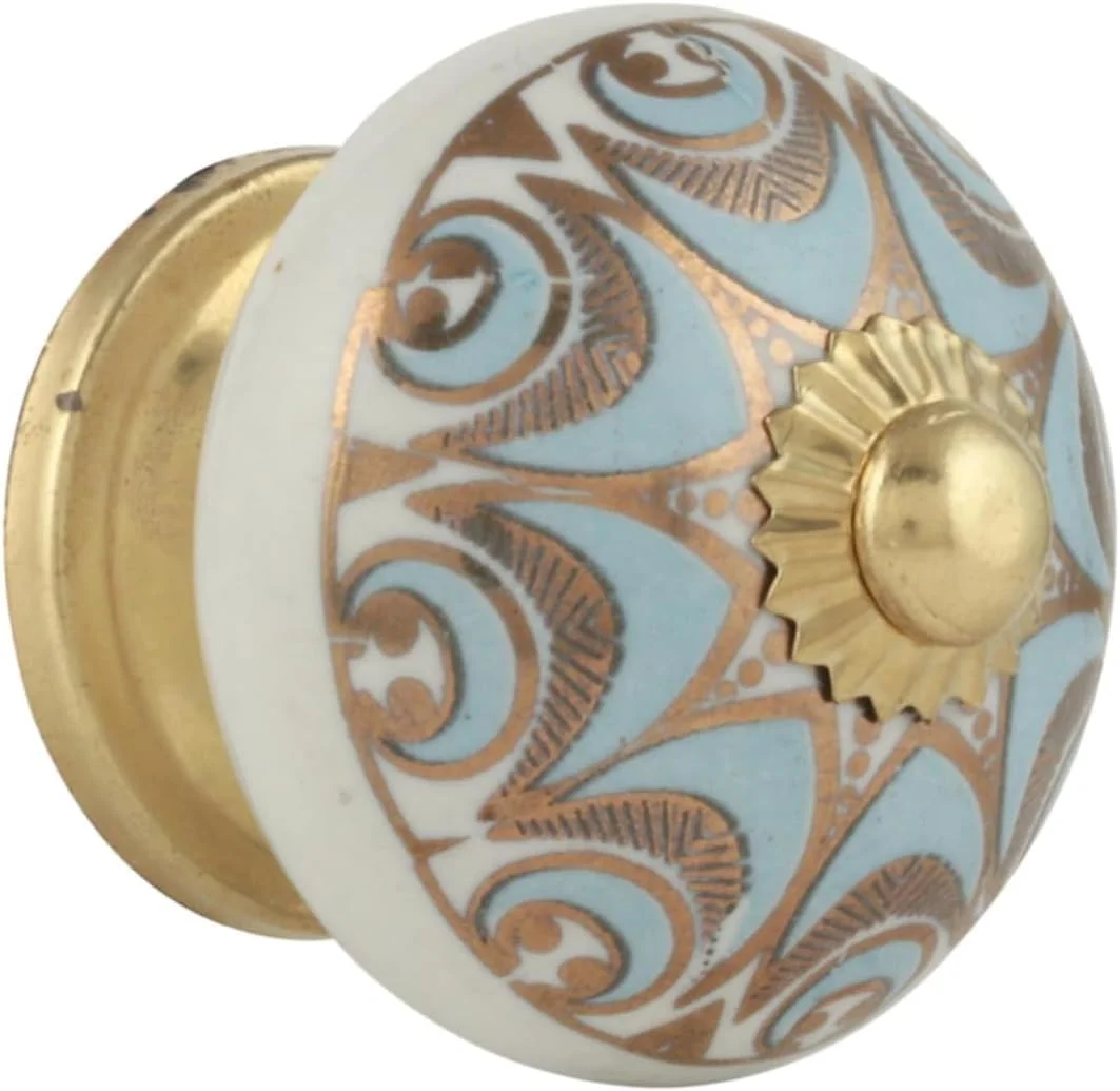 دستگیره های طلایی راسییا آرت برای کابینت - دستگیره های کشو سرامیکی چند رنگ بوهو برای کمد، دستگیره درب آشپزخانه، دکوراسیون داخلی - آبی و طلایی - ست 12 عددی