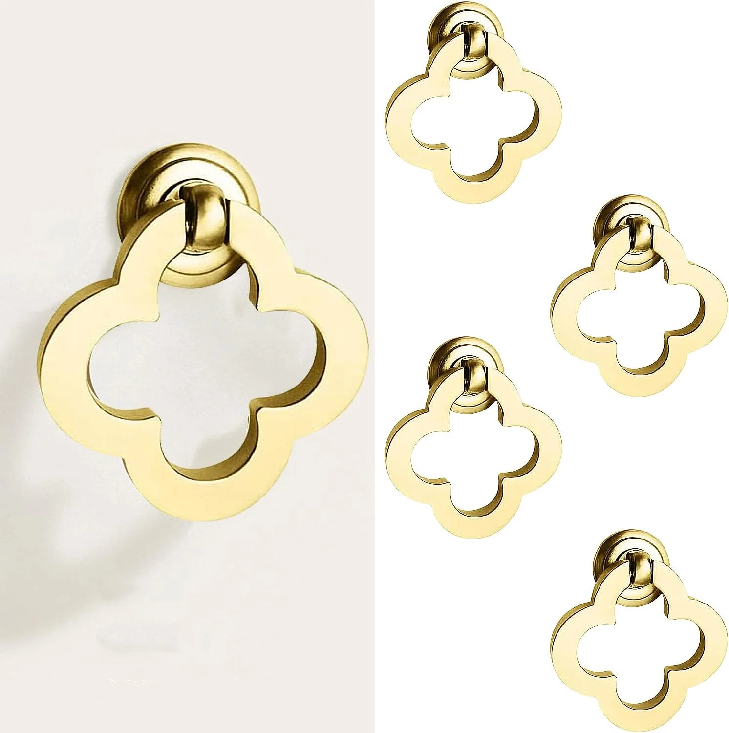 دستگیره های حلقه ای آویز گل نیوزمی، 4 عدد، دستگیره های کابینت کمد، آلیاژ برنجی جامد طلایی، دستگیره های کابینت آشپزخانه، دستگیره کمد مبلمان (4 گل)