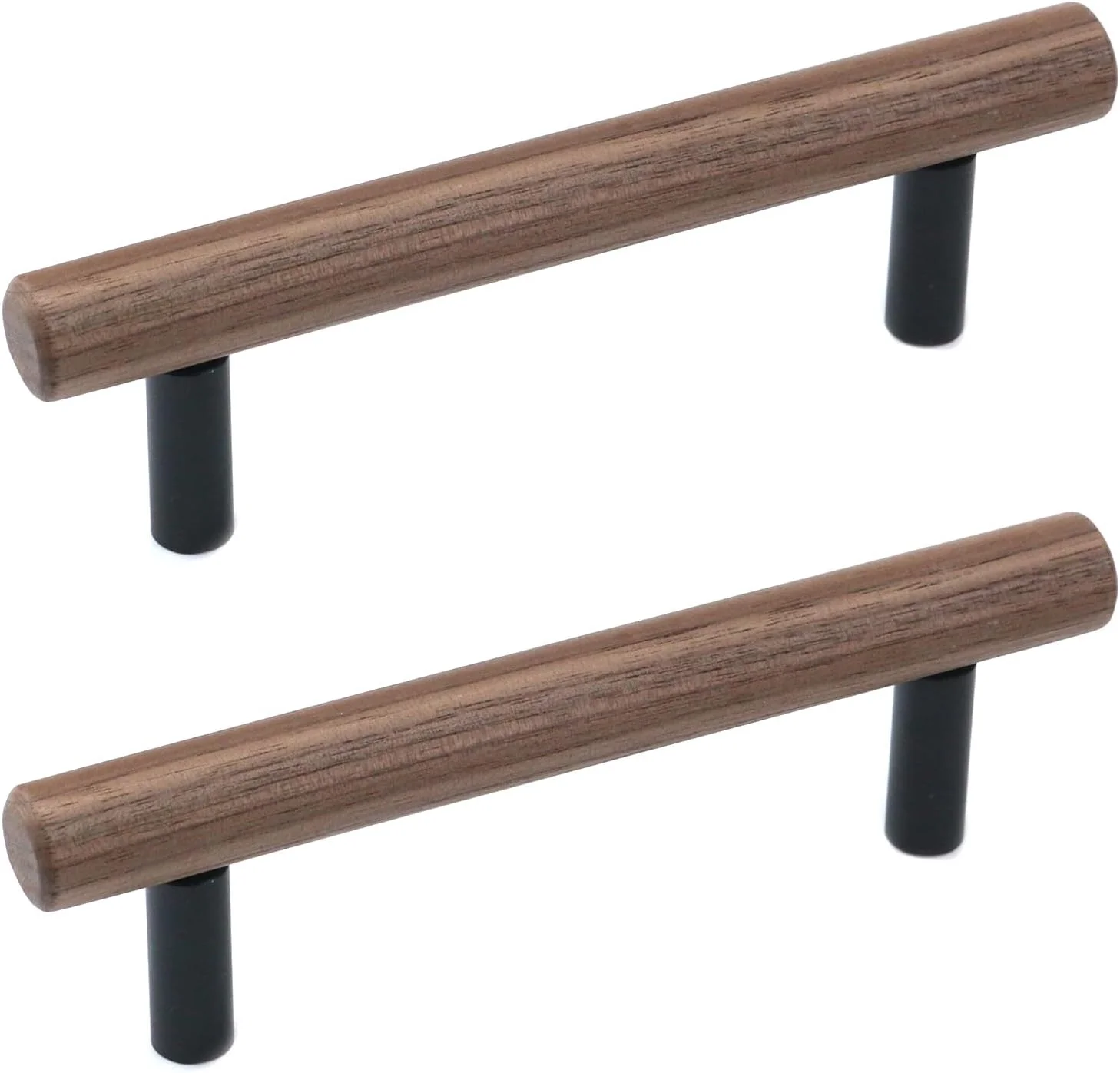 دستگیره های چوبی گردویی Pastlla، دو عددی، پایه مشکی آلیاژ آلومینیوم، مناسب برای کابینت آشپزخانه، کمد، کشو و دراور (دسته گرد، پایه مشکی گرد، مرکز سوراخ 96 میلی متر / 3.8 اینچ)