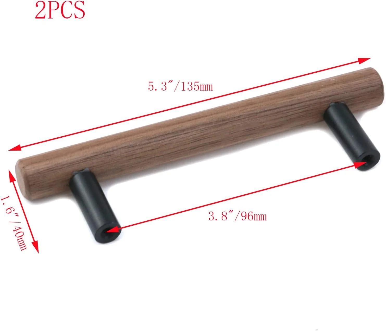 دستگیره های چوبی گردویی Pastlla، دو عددی، پایه مشکی آلیاژ آلومینیوم، مناسب برای کابینت آشپزخانه، کمد، کشو و دراور (دسته گرد، پایه مشکی گرد، مرکز سوراخ 96 میلی متر / 3.8 اینچ)