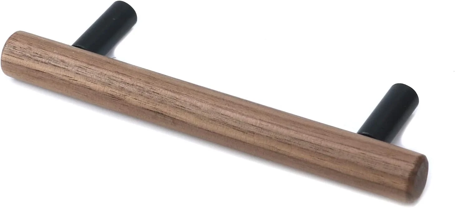 دستگیره های چوبی گردویی Pastlla، دو عددی، پایه مشکی آلیاژ آلومینیوم، مناسب برای کابینت آشپزخانه، کمد، کشو و دراور (دسته گرد، پایه مشکی گرد، مرکز سوراخ 96 میلی متر / 3.8 اینچ)