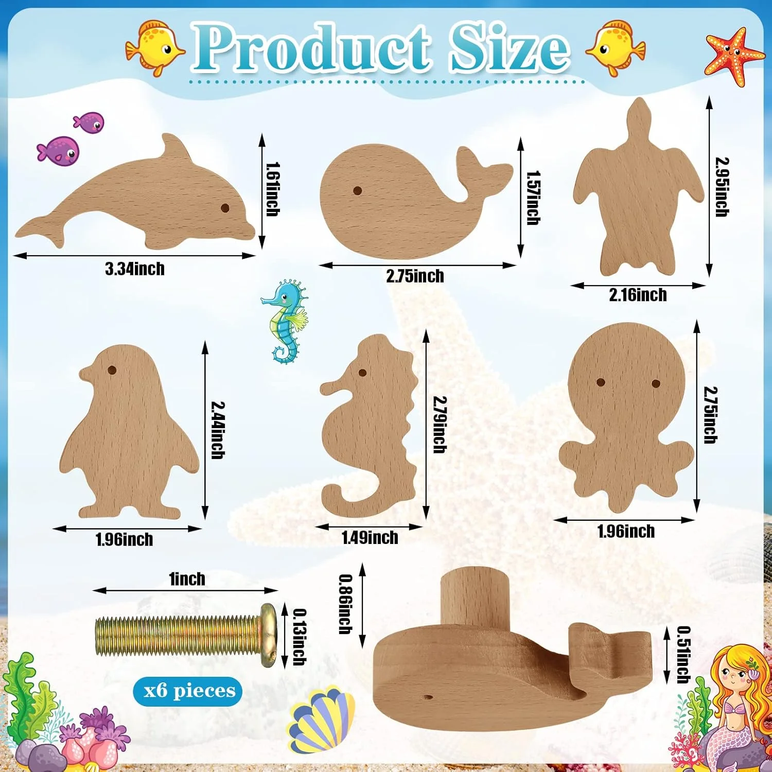 دستگیره های چوبی طرح حیوانات Qunclay، ست 6 عددی با طرح های حیوانات دریایی و جنگلی، مناسب برای مبلمان، اتاق کودک یا دکوراسیون، همراه با پیچ