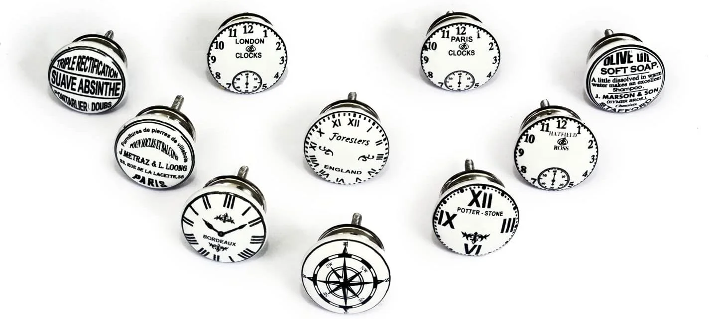 مجموعه 10 عددی دستگیره سرامیکی Nacnic با طرح های مختلف ساعت های قدیمی، نقاشی شده با دست. دستگیره های دست ساز برای کابینت ها، کشوها، کمدها و آویزها. دستگیره های کلاسیک با قطر 40 میلی متر.