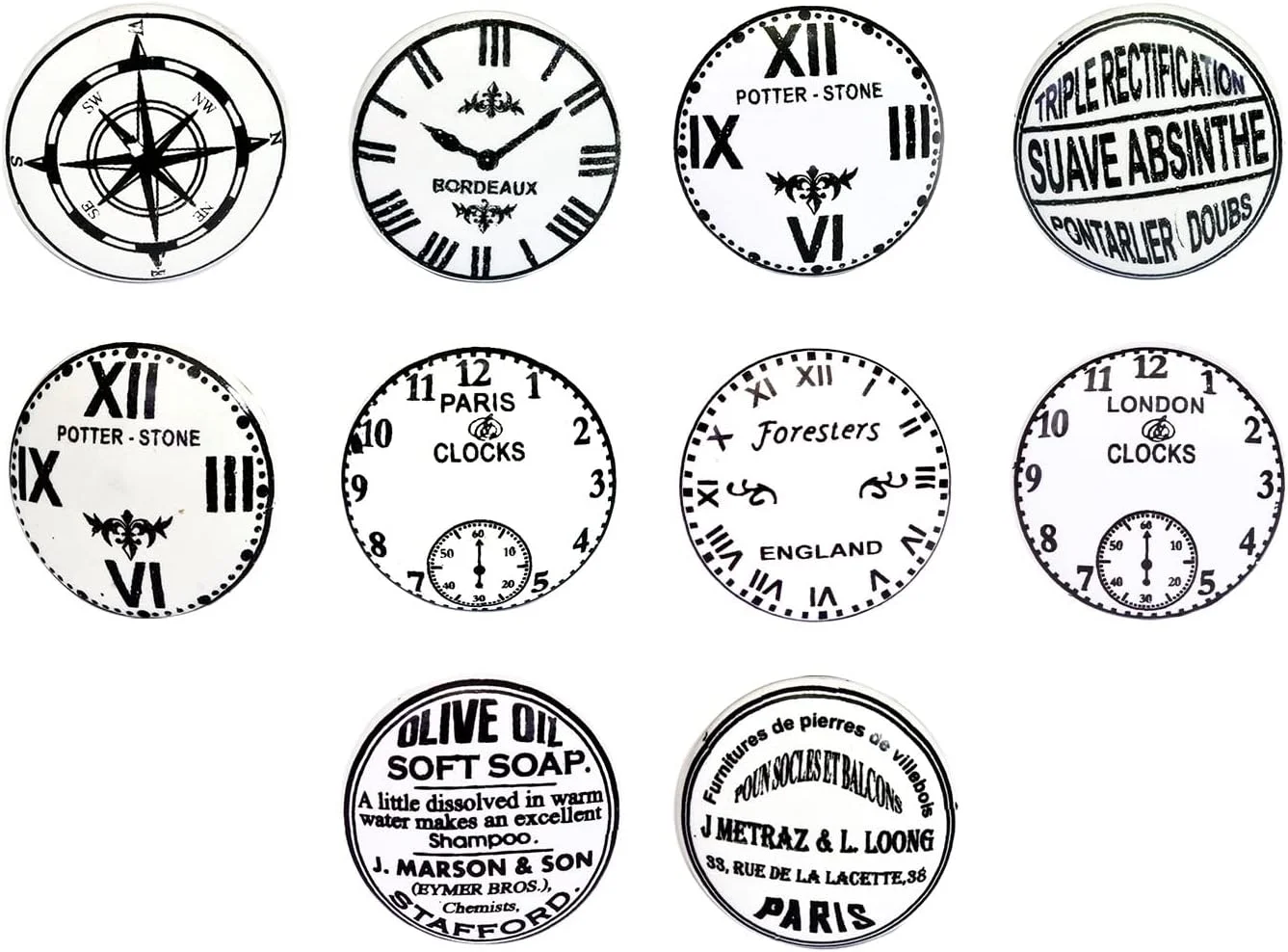 مجموعه 10 عددی دستگیره سرامیکی Nacnic با طرح های مختلف ساعت های قدیمی، نقاشی شده با دست. دستگیره های دست ساز برای کابینت ها، کشوها، کمدها و آویزها. دستگیره های کلاسیک با قطر 40 میلی متر.