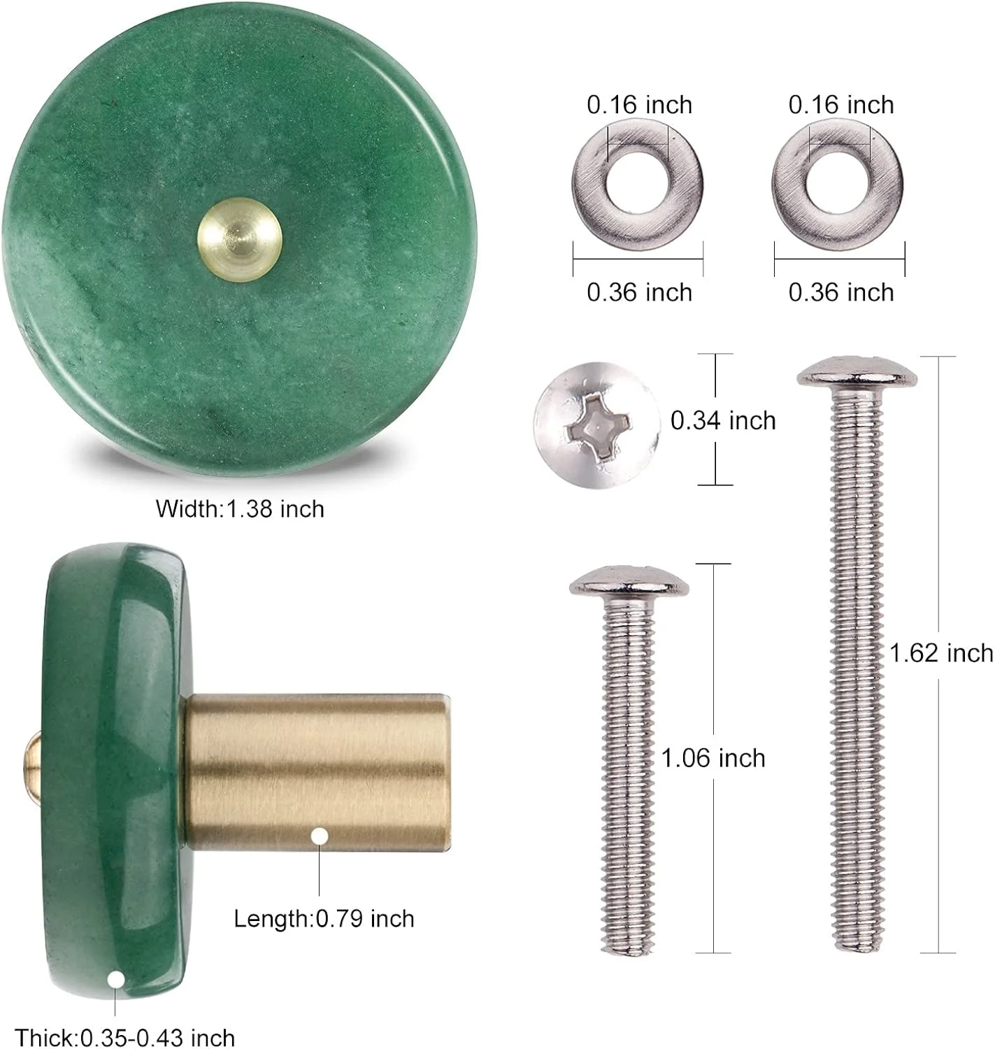 KYEYGWO 4 عدد دستگیره مبلمان کریستال طبیعی آونتورین سبز با پیچ، دستگیره گرد سنگی کشو، دستگیره برنجی کابینت، تزئینی، دستگیره درب جواهر، دستگیره گرد کشو، دستگیره کشویی