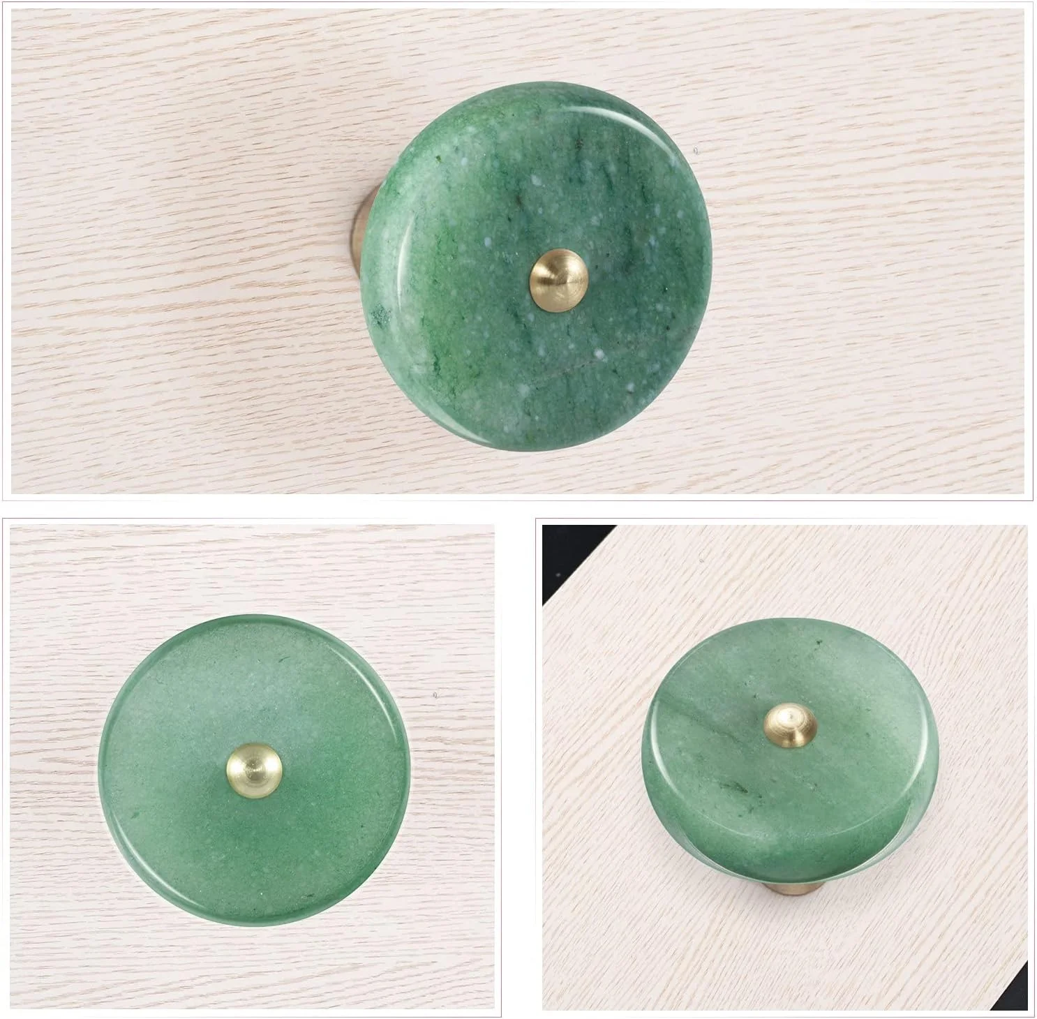 KYEYGWO 4 عدد دستگیره مبلمان کریستال طبیعی آونتورین سبز با پیچ، دستگیره گرد سنگی کشو، دستگیره برنجی کابینت، تزئینی، دستگیره درب جواهر، دستگیره گرد کشو، دستگیره کشویی