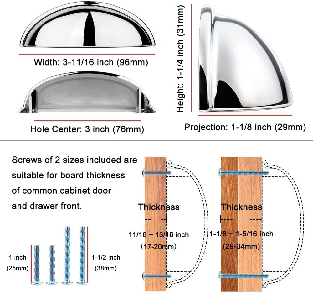 دستگیره کشویی سطل زباله KOOFIZO - دستگیره کابینت کروم براق، فاصله پیچ 76 میلی متر / 3 اینچ (بسته 10 عددی) برای درب مبلمان کمد آشپزخانه، اتاق خواب، کمد لباس، حمام