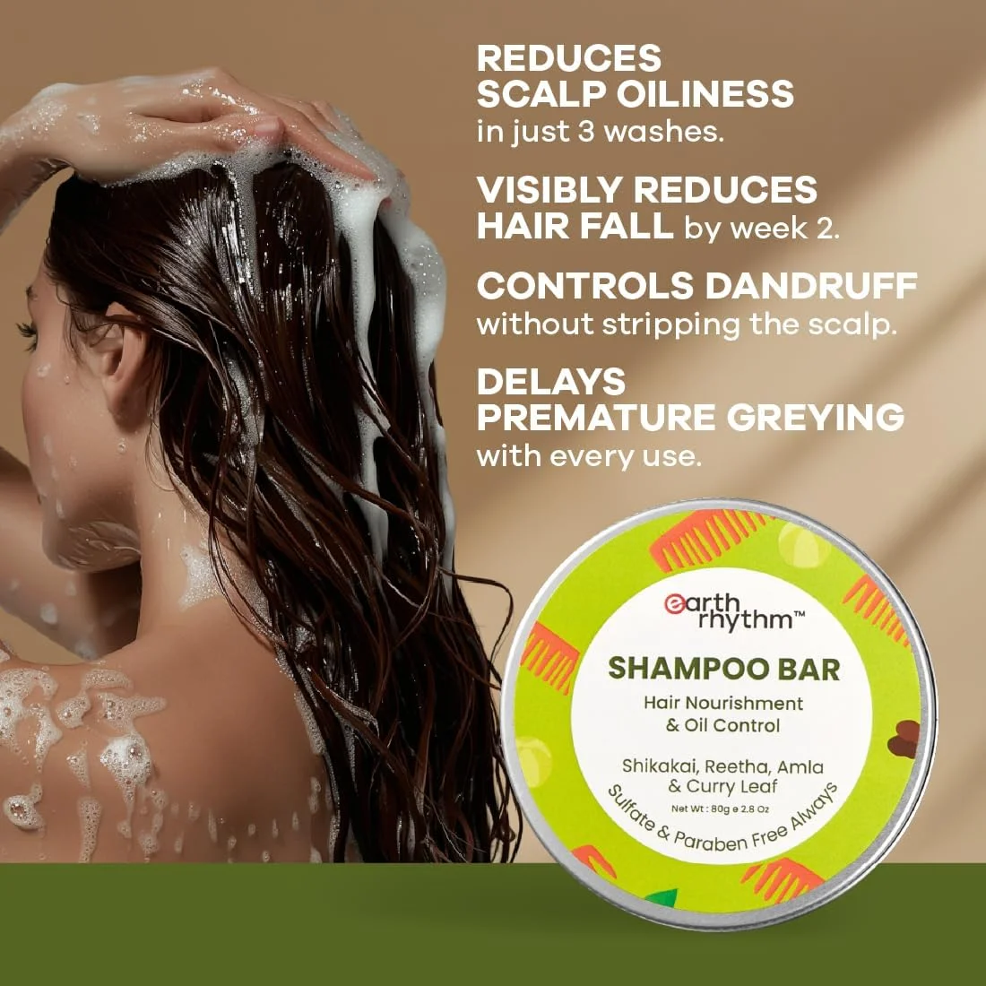 شامپو بار شیکاکای Earth Rhythm برای جلوگیری از ریزش مو | حاوی عصاره های شیکاکای، برگ کاری، ریتا و آملا | مناسب آقایان و بانوان | فاقد سولفات و پارابن (بسته بندی قلع) - 80 گرم