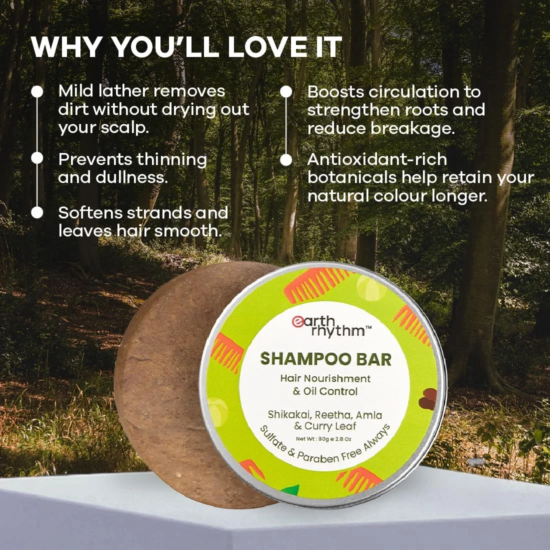 شامپو بار شیکاکای Earth Rhythm برای جلوگیری از ریزش مو | حاوی عصاره های شیکاکای، برگ کاری، ریتا و آملا | مناسب آقایان و بانوان | فاقد سولفات و پارابن (بسته بندی قلع) - 80 گرم