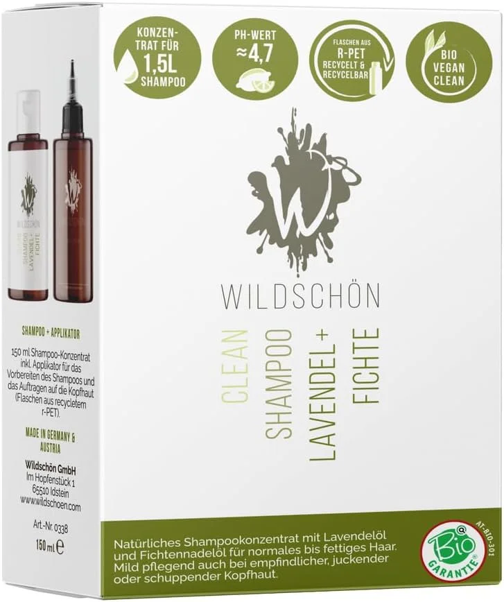 شامپو کنسانتره ارگانیک WILDSCHÖN اسطوخودوس + صنوبر - شامپو طبیعی برای موهای معمولی و چرب - 150 میلی لیتر (1.5 لیتر شامپو میدهد) - وگان، بدون سیلیکون، بدون پارابن، کاهش پلاستیک - به همراه اپلیکاتور رایگان