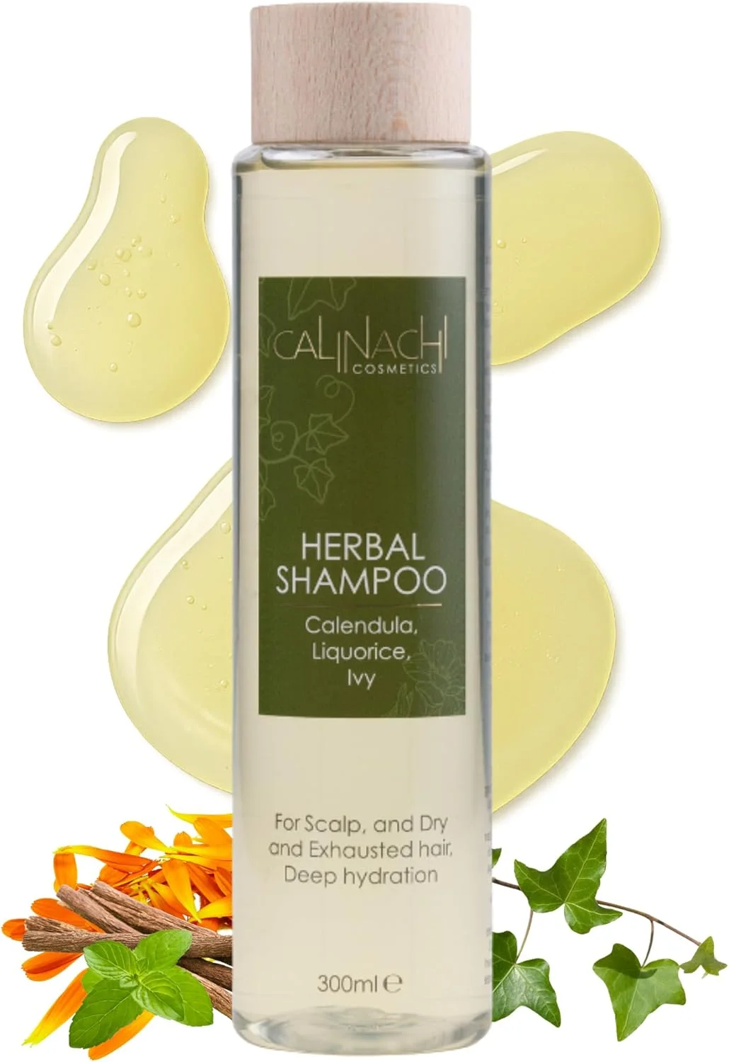 شامپو گیاهی آبرسان بدون سولفات کالیناچی 300 میلی لیتر - کالاندولا، ریشه شیرین بیان و هدرا | ویتامین های A/E/F | پاک کننده ملایم، رطوبت و درخشندگی - روغن نعناع و پرتقال، بدون سیلیکون