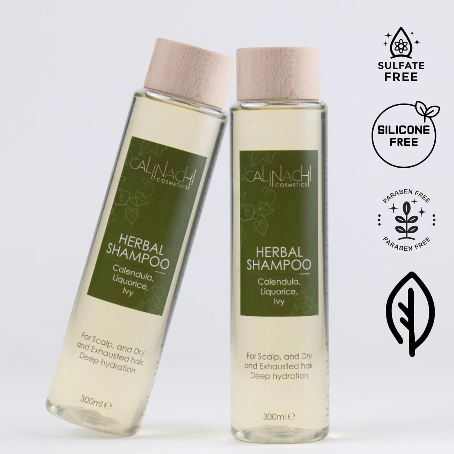 شامپو گیاهی آبرسان بدون سولفات کالیناچی 300 میلی لیتر - کالاندولا، ریشه شیرین بیان و هدرا | ویتامین های A/E/F | پاک کننده ملایم، رطوبت و درخشندگی - روغن نعناع و پرتقال، بدون سیلیکون