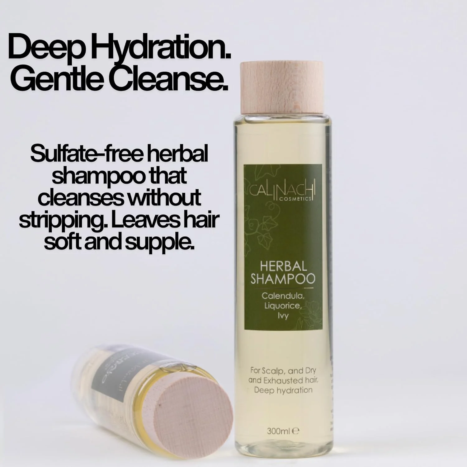 شامپو گیاهی آبرسان بدون سولفات کالیناچی 300 میلی لیتر - کالاندولا، ریشه شیرین بیان و هدرا | ویتامین های A/E/F | پاک کننده ملایم، رطوبت و درخشندگی - روغن نعناع و پرتقال، بدون سیلیکون