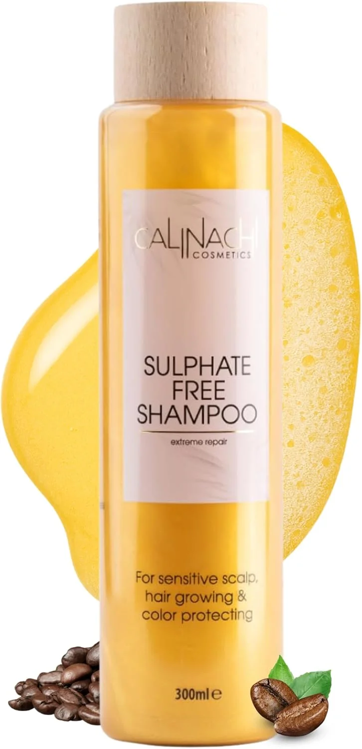 شامپو پروتئینه بدون سولفات کالیناچی 300 میلی لیتر - حاوی کافئین، کراتین، آکواکسیل، پاک کننده، مرطوب کننده و حجم دهنده، سازگار با رنگ مو، مناسب برای موهای فر، کف ملایم برای پوست سر حساس