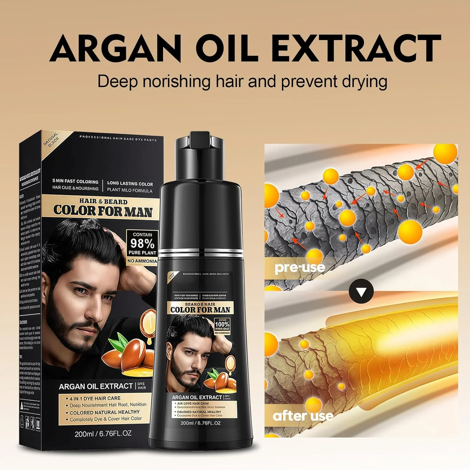 شامپو رنگ موی دائمی گیاهی، مشکی، رنگ موی طبیعی با اثر فوری، پوشش 100% موهای سفید و ماندگاری طولانی، فرمول ملایم برای آقایان و بانوان