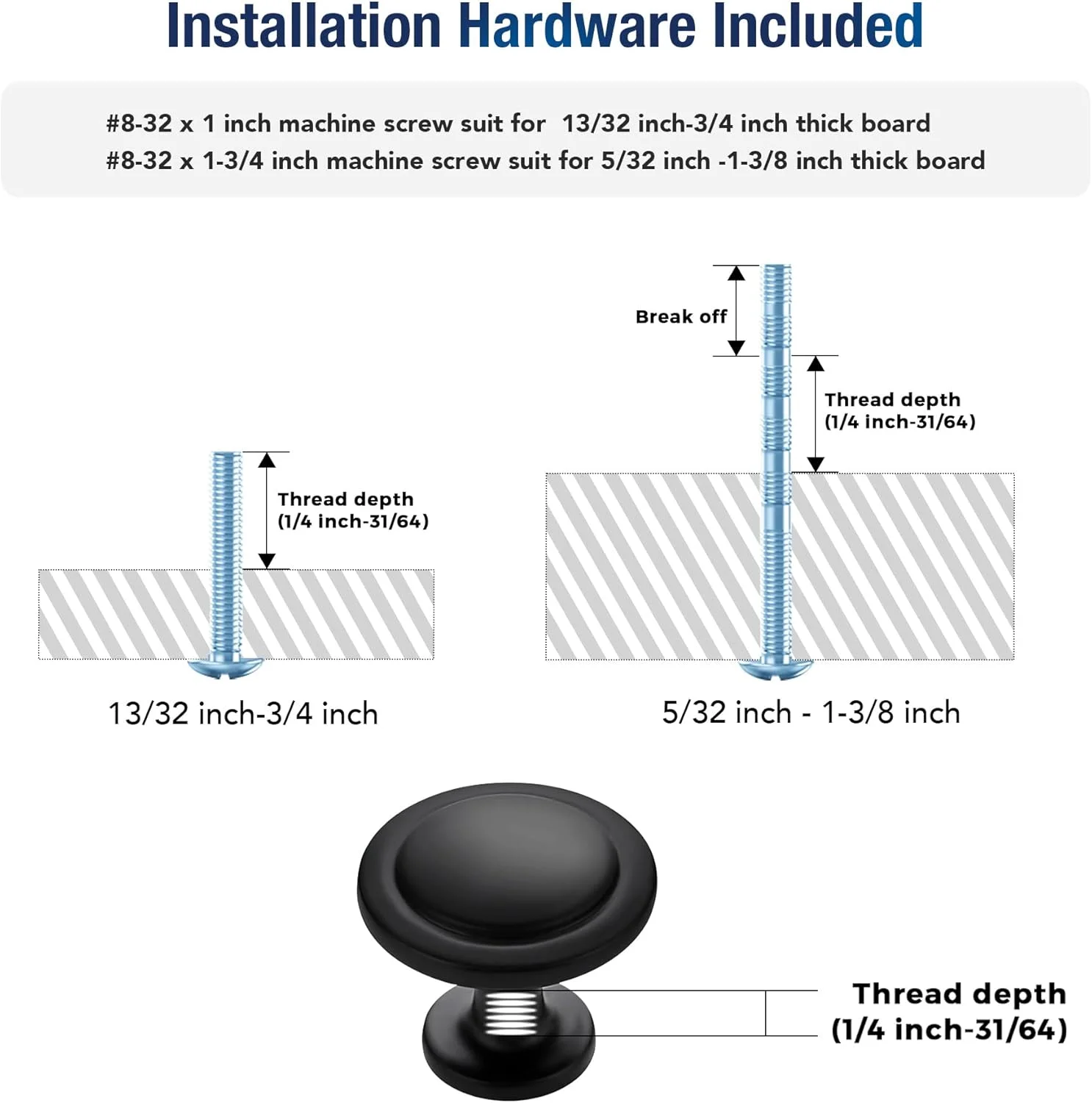 دستگیره کابینت آشپزخانه JOY DECOR، بسته 20 عددی، دستگیره های جامد کشو، دستگیره کمد، 1-1/4 اینچ، سخت افزار مشکی مات برای کشوهای کمد