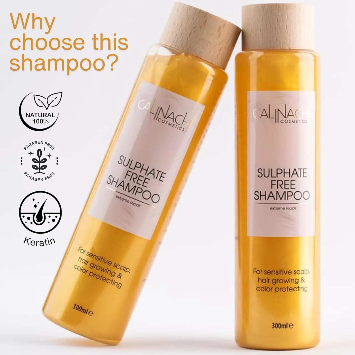 شامپو پروتئینه بدون سولفات کالیناچی 300 میلی لیتر - حاوی کافئین، کراتین، آکواکسیل، پاک کننده، مرطوب کننده و حجم دهنده، سازگار با رنگ مو، مناسب برای موهای فر، کف ملایم برای پوست سر حساس