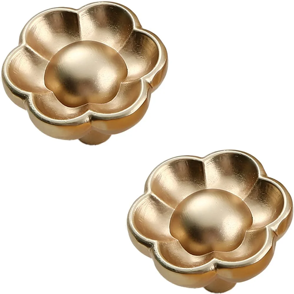 دستگیره کابینت آشپزخانه طرح گل HDKXBEJ، دستگیره درب تک سوراخ آلیاژ روی، دستگیره تزئینی کمد لباس حمام کمد شراب، 2 عدد (2، طلایی)