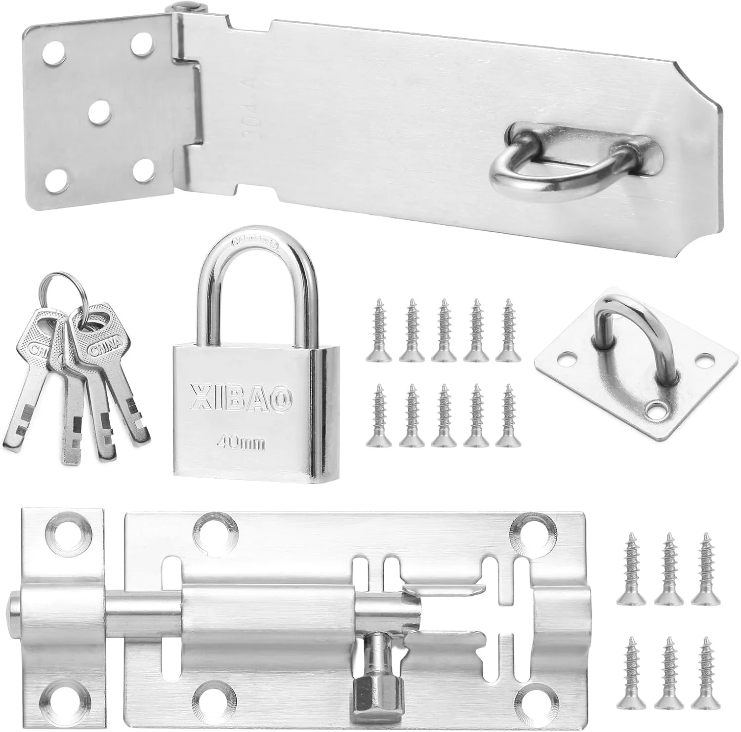 قفل زبانه درب Tahbarshi، 3 اینچ (75 میلی متر) به همراه قفل آویز و کلید + قفل درب استیل ضد زنگ 4.92 اینچ (125 میلی متر)، قفل زبانه استیل ضد زنگ برای دروازه، پنجره، حصار
