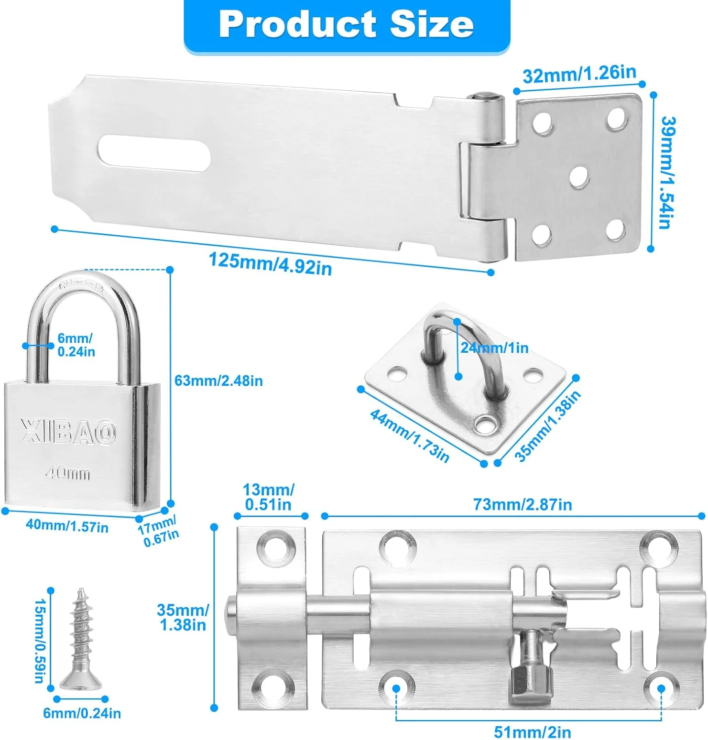قفل زبانه درب Tahbarshi، 3 اینچ (75 میلی متر) به همراه قفل آویز و کلید + قفل درب استیل ضد زنگ 4.92 اینچ (125 میلی متر)، قفل زبانه استیل ضد زنگ برای دروازه، پنجره، حصار