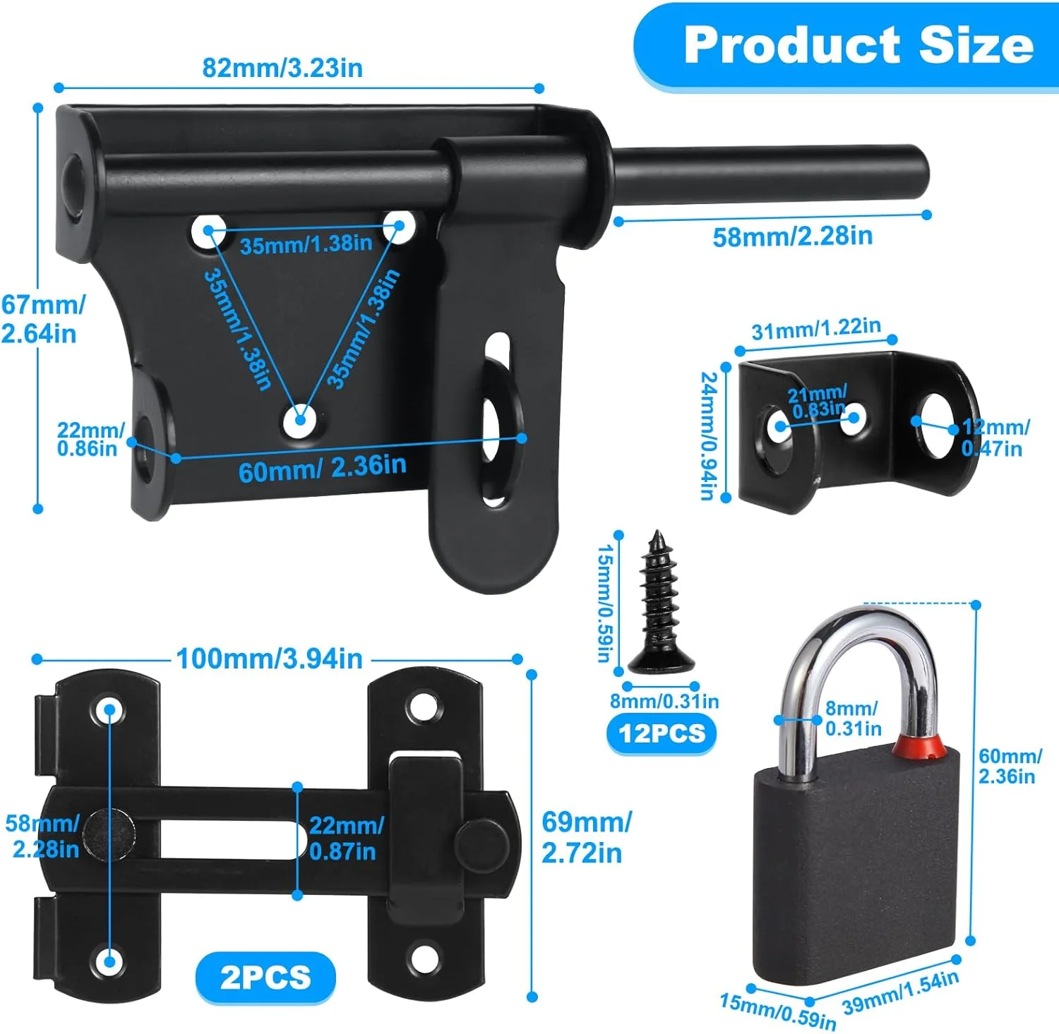 قفل زبانه درب دو طرفه Tahbarshi، 140 میلی متر، با قفل آویز و 3 کلید + 2 عدد قفل درب انبار 180 درجه کشویی، 100 میلی متر، قفل زبانه استیل ضد زنگ