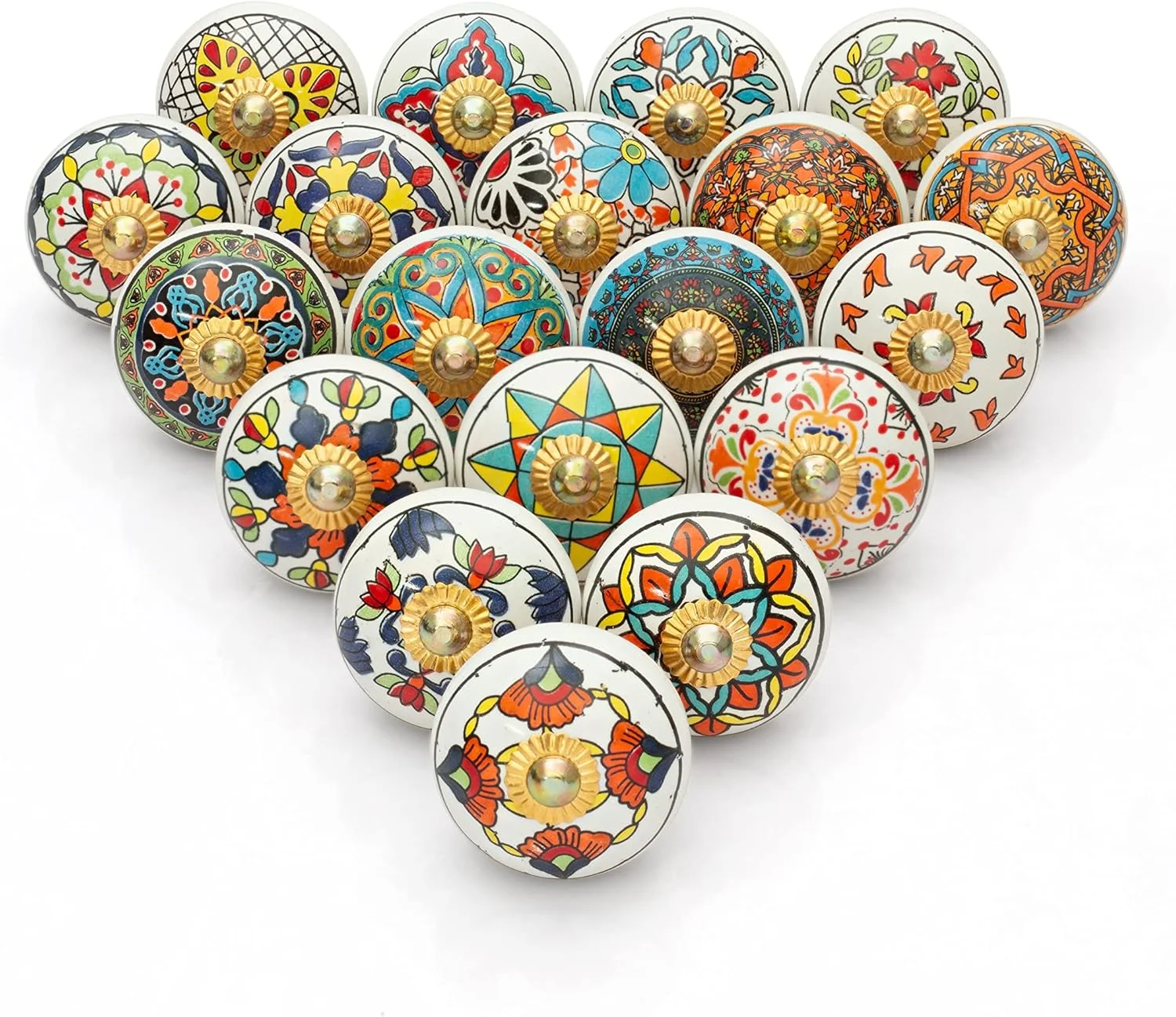 دستگیره های سرامیکی Craft TradeDoor برای کشو - مجموعه ای از دستگیره های سرامیکی آبی رنگ با اتصالات برنجی برای کابینت ها و کمدها، لوازم جانبی سخت افزاری مبلمان عتیقه - ماندالای چند رنگ - بسته 20 عددی