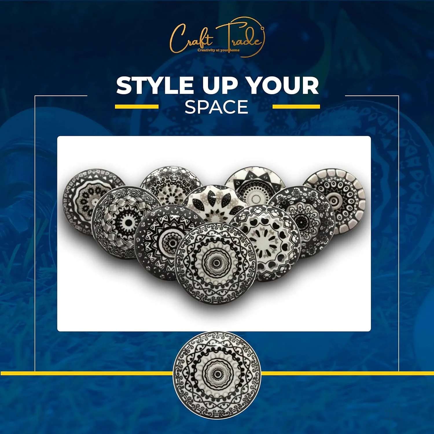 دستگیره های تزئینی کمد Craft Trade - دستگیره سرامیکی ماندالا برای کشوهای کابینت آشپزخانه، کمد لباس، سخت افزار مبلمان - سیاه و سفید - بسته 10 عددی