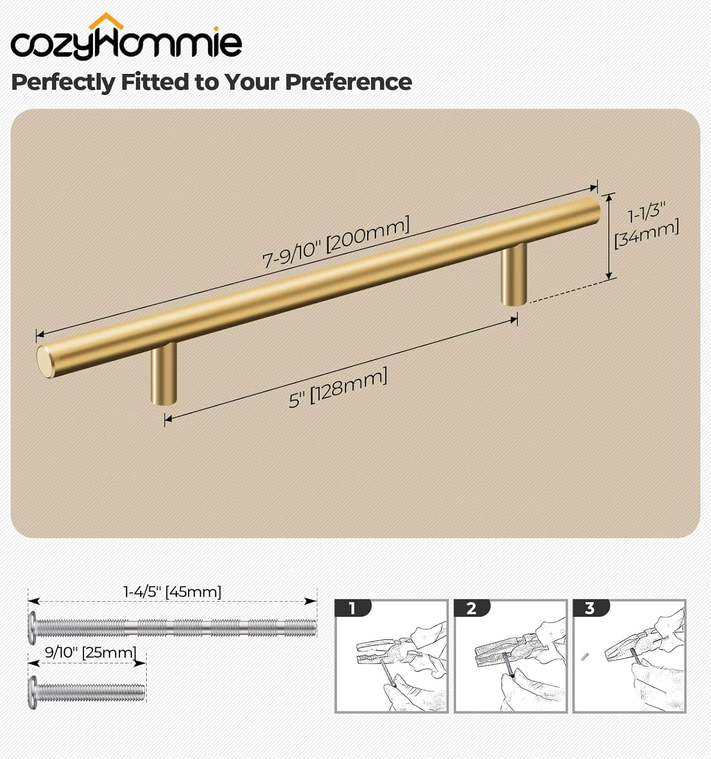 دستگیره های استوانه ای برنجی پرداخت شده CozyHommie، بسته 10 عددی، و دستگیره های کاربردی آلیاژ آلومینیوم جامد برای کابینت آشپزخانه، طراحی شیک T شکل، سخت افزار مبلمان، مرکز سوراخ 5 اینچ (128 میلی متر)