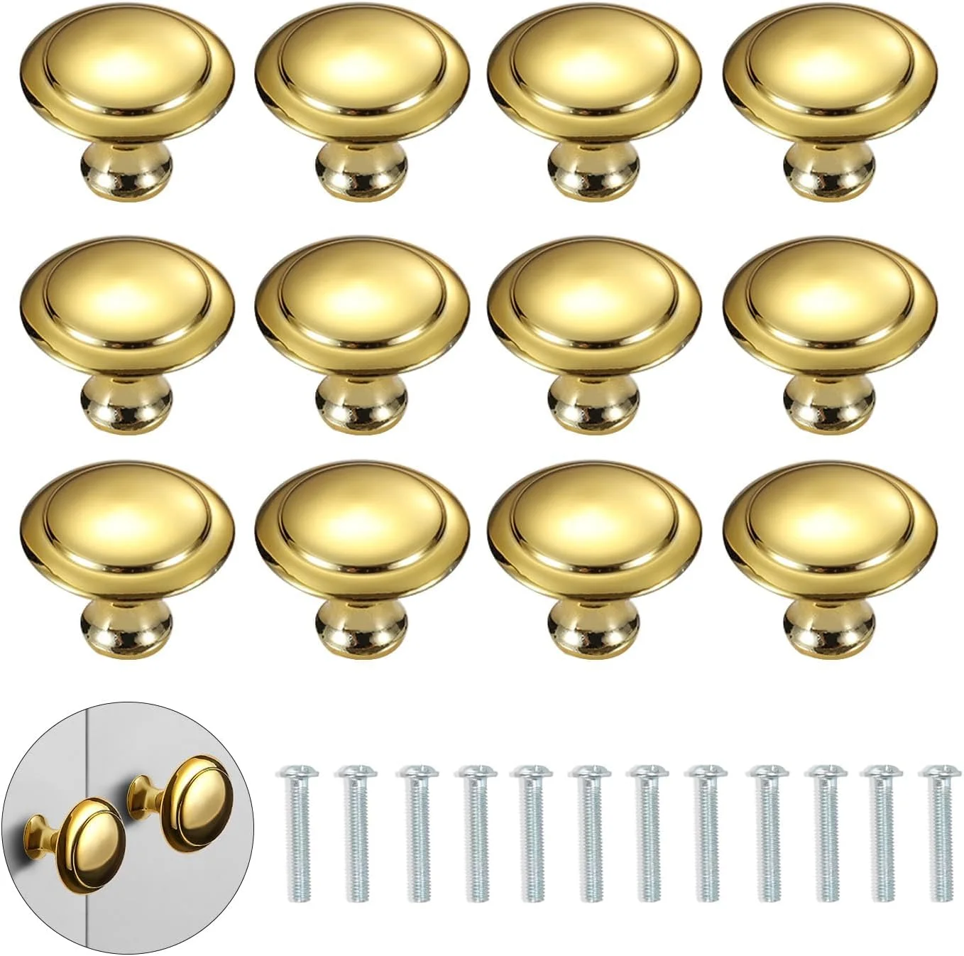دستگیره کابینت برنجی 12 عددی، دستگیره کشو طلایی گرد، دستگیره کوچک تک سوراخ درب با پیچ برای کابینت آشپزخانه، کمد لباس، سخت افزار جایگزین مبلمان، کمد تزئینی
