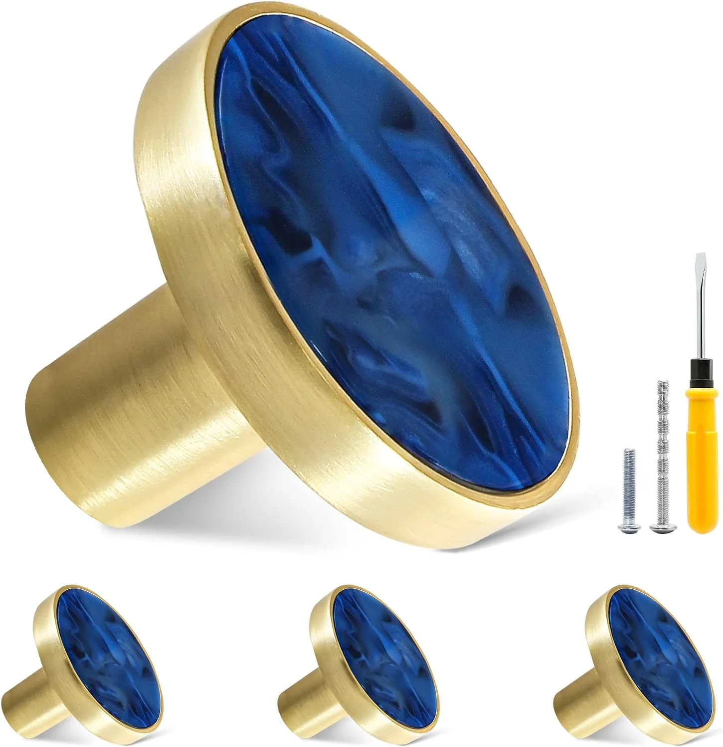 دستگیره کابینت طلایی Cionyce، بسته 4 عددی، دستگیره برنجی گرد برای کشو کمد، سخت افزار تزئینی مبلمان، قطر 32 میلی متر، آبی سرمه ای