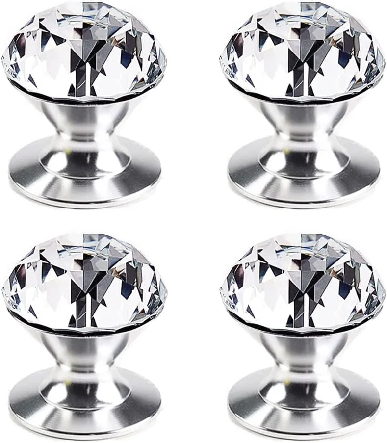 بسته 4 عددی دستگیره مبلمان کریستالی آلومینیومی خود چسب CcHhyyt: نقره ای، کریستال (95٪، 5٪) دستگیره چسبی برای کابینت، درب کشویی شیشه ای، کشو