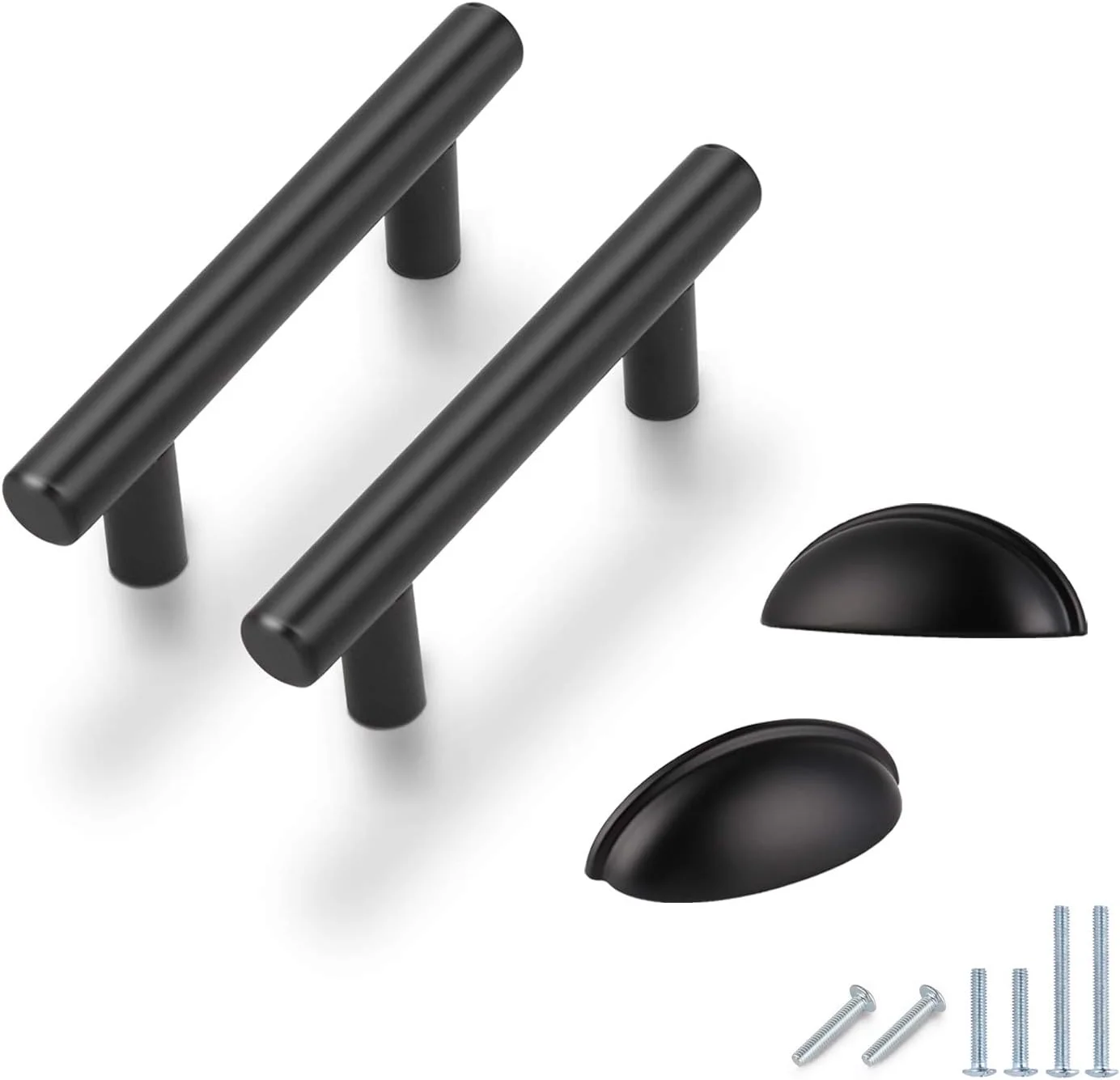 ست دستگیره کابینت CENAP شامل 5 عدد دستگیره میله‌ای T شکل گرد 2-1/2 اینچی + 5 عدد دستگیره کاسه‌ای، دستگیره کابینت آشپزخانه مشکی مات، دستگیره کشو مشکی، یراق آلات کابینت آشپزخانه، دستگیره کابینت برای کشو کمد