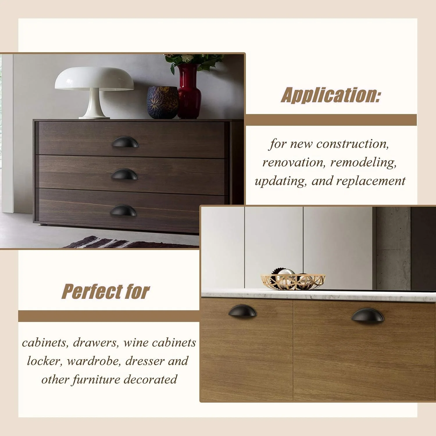 ست دستگیره کابینت CENAP شامل 5 عدد دستگیره میله‌ای T شکل گرد 2-1/2 اینچی + 5 عدد دستگیره کاسه‌ای، دستگیره کابینت آشپزخانه مشکی مات، دستگیره کشو مشکی، یراق آلات کابینت آشپزخانه، دستگیره کابینت برای کشو کمد