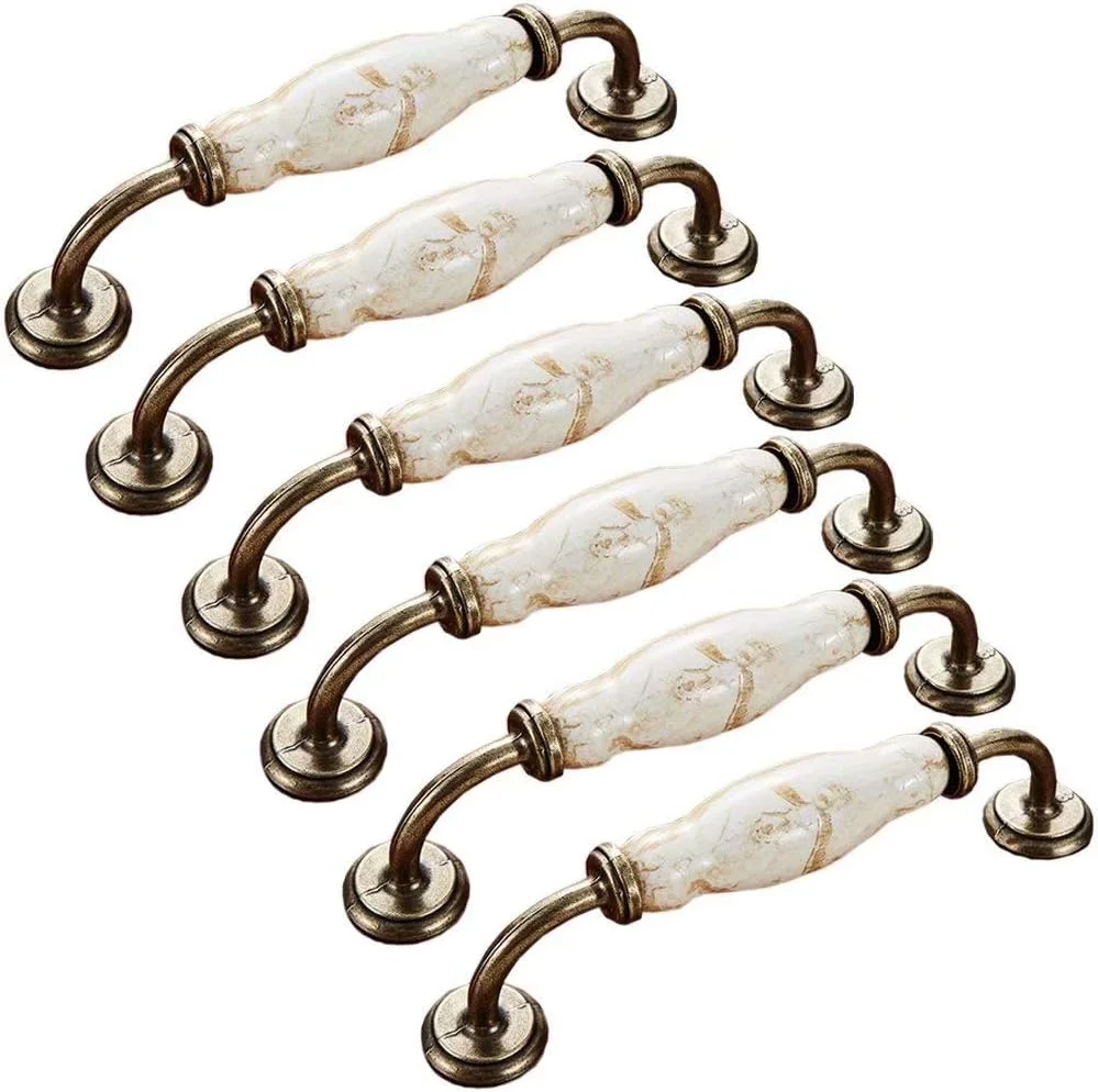 ست 6 عددی دستگیره کابینت مبلمان، دستگیره درب سرامیکی کلاسیک، دستگیره و دکمه کابینت آشپزخانه، لوازم جانبی سخت افزاری کمد