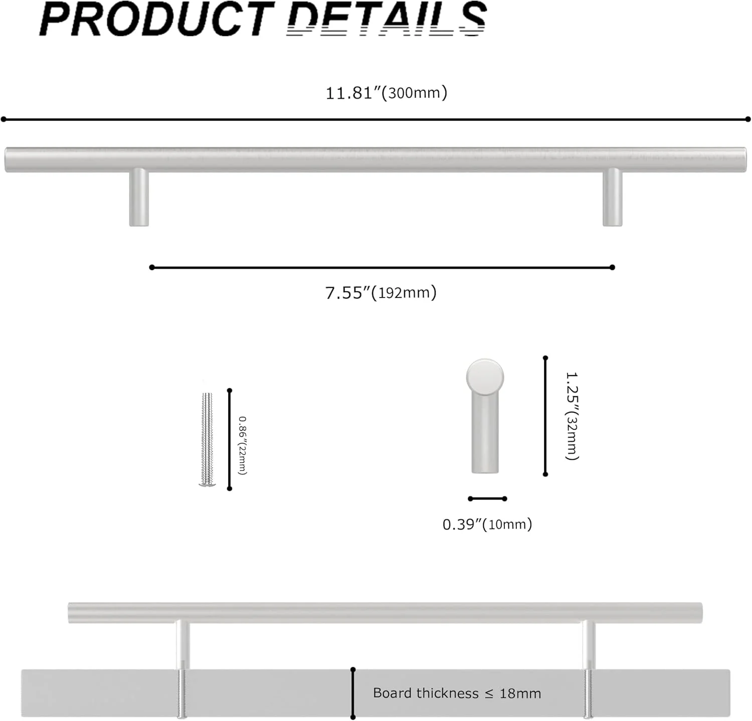 BUHO1991 ست دستگیره 10 عددی کابینت آشپزخانه 192 میلی متری همراه با پیچ، دستگیره T شکل استیل ضد زنگ، دستگیره کشو، دستگیره درب برای مبلمان اتاق خواب آشپزخانه (10 عدد، فاصله سوراخ ها 192 میلی متر)