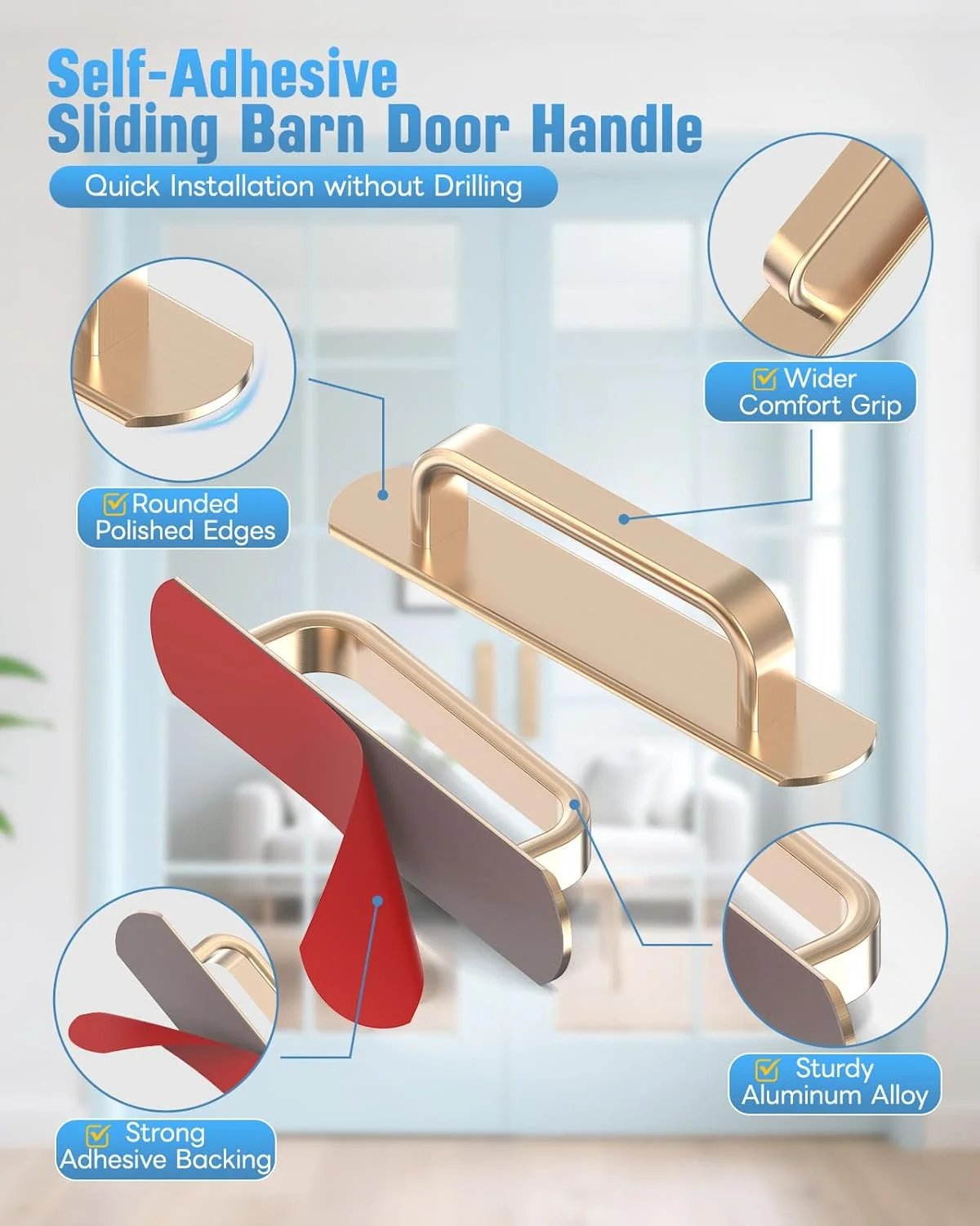 دستگیره کابینت خود چسبی 15 سانتی متری Anobeyi، دستگیره کشویی درب انبار آلومینیومی برای کمد، کابینت آشپزخانه، کشو، پنجره، درب شیشه ای - بدون نیاز به سوراخ کاری و کندن و چسباندن دستگیره (2 عدد، طلایی)
