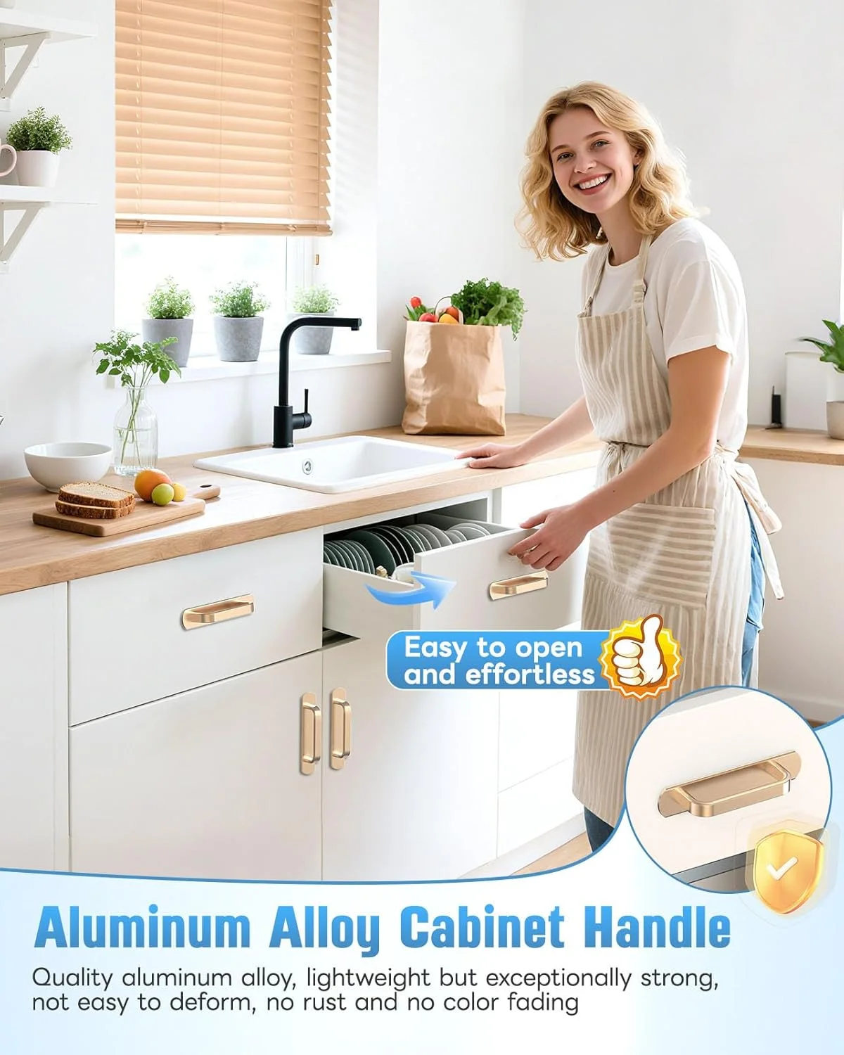 دستگیره کابینت خود چسبی 15 سانتی متری Anobeyi، دستگیره کشویی درب انبار آلومینیومی برای کمد، کابینت آشپزخانه، کشو، پنجره، درب شیشه ای - بدون نیاز به سوراخ کاری و کندن و چسباندن دستگیره (2 عدد، طلایی)