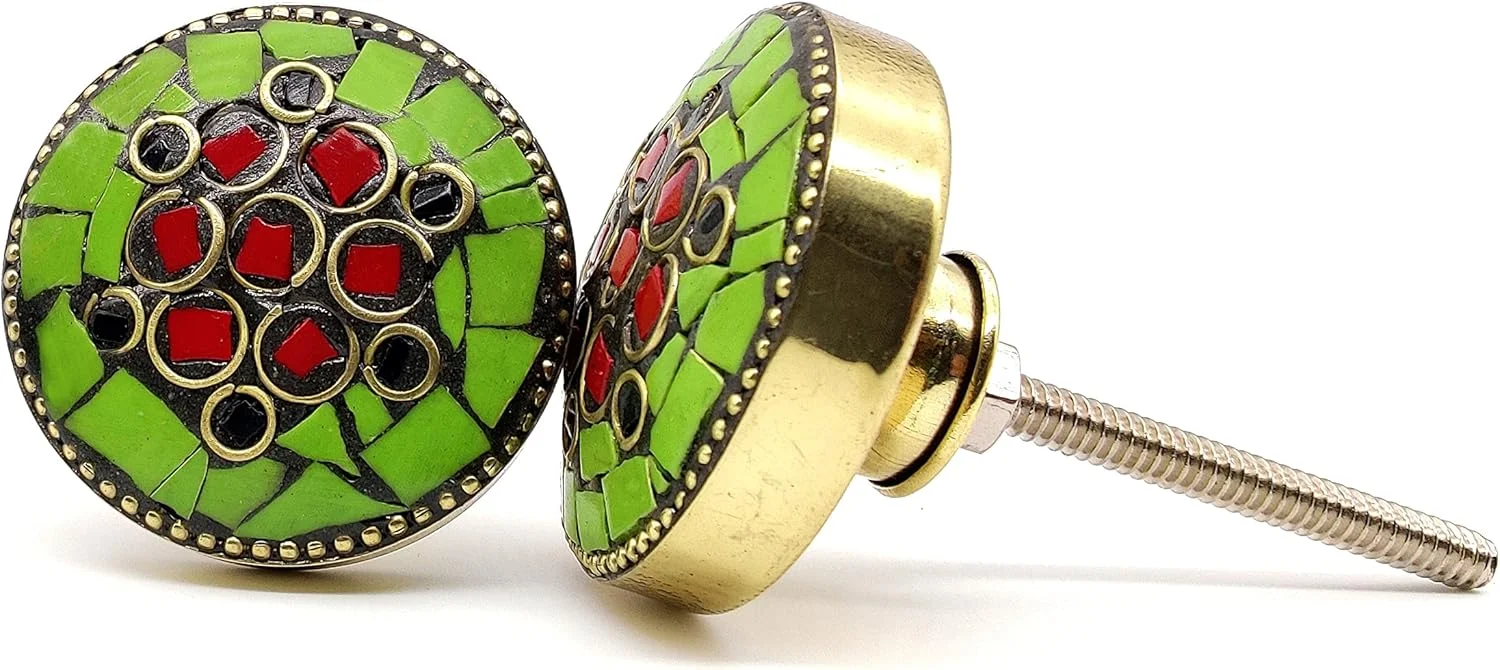 دستگیره های برنجی درب، کشو، کمد و کابینت 5MoonSun5 با سنگ های سبز دست ساز، سخت افزار دکوراتیو کلاسیک، 38 میلی متر (6 عدد)