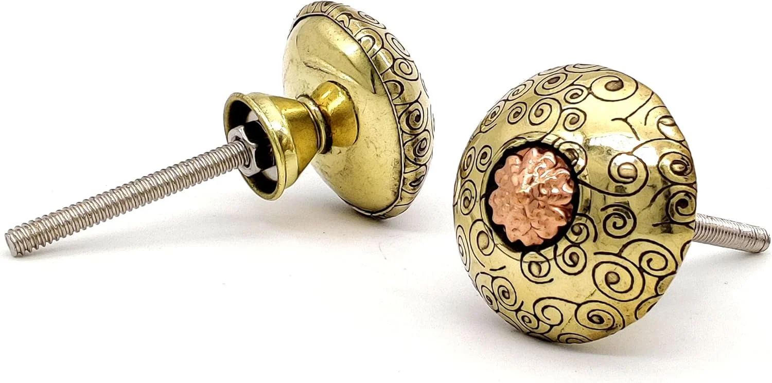 دستگیره های برنجی و مسی درب، کشو، کمد، کابینت و آشپزخانه 5MoonSun5 / دستگیره های تزئینی کلاسیک دست ساز حکاکی شده 36 میلی متری - ست 4 عددی