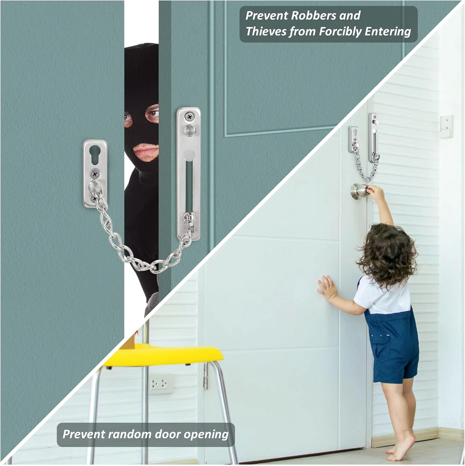 قفل زنجیری درب استیل ضد زنگ با قفل فشاری ضد سرقت، قفل حریم خصوصی امنیتی با پیچ برای خانه، آپارتمان، هتل، اتاق خواب، 2 عدد (نقره ای)