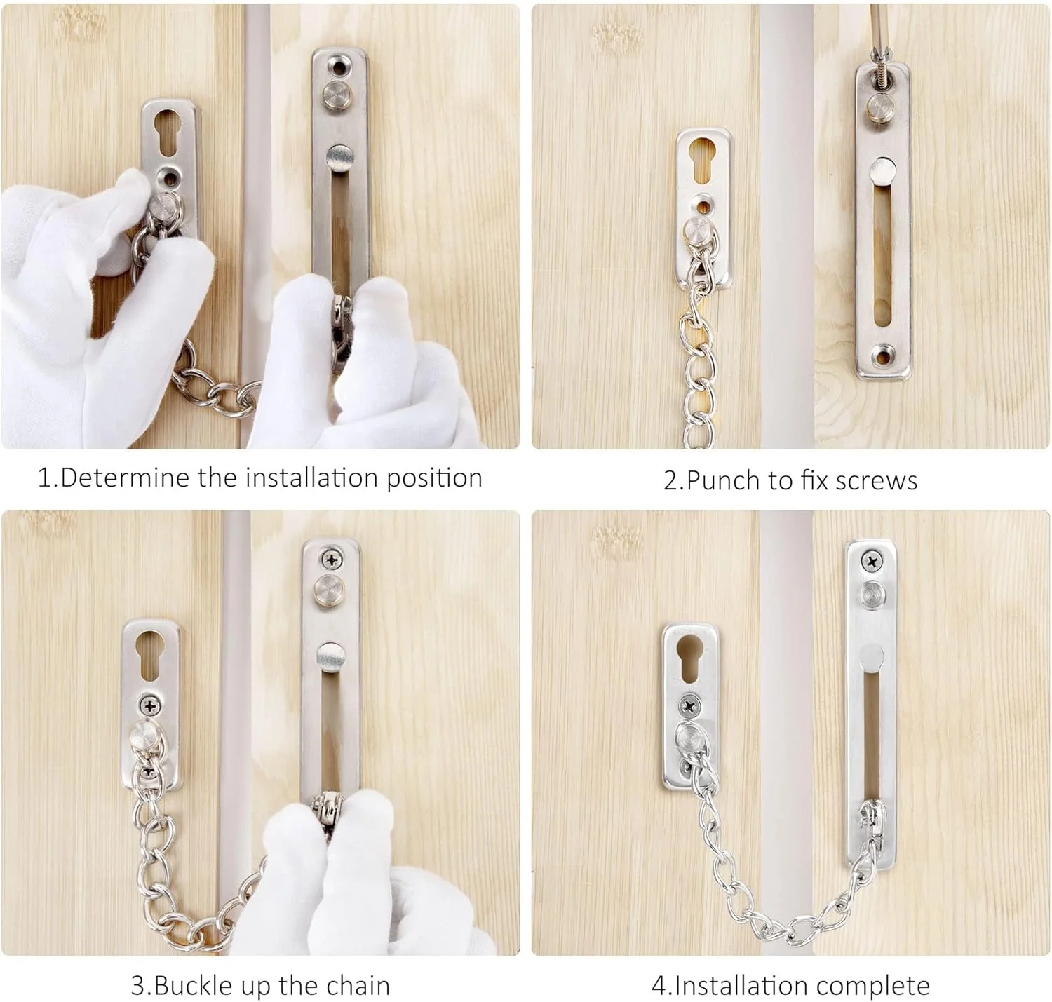 قفل زنجیری درب استیل ضد زنگ با قفل فشاری ضد سرقت، قفل حریم خصوصی امنیتی با پیچ برای خانه، آپارتمان، هتل، اتاق خواب، 2 عدد (نقره ای)