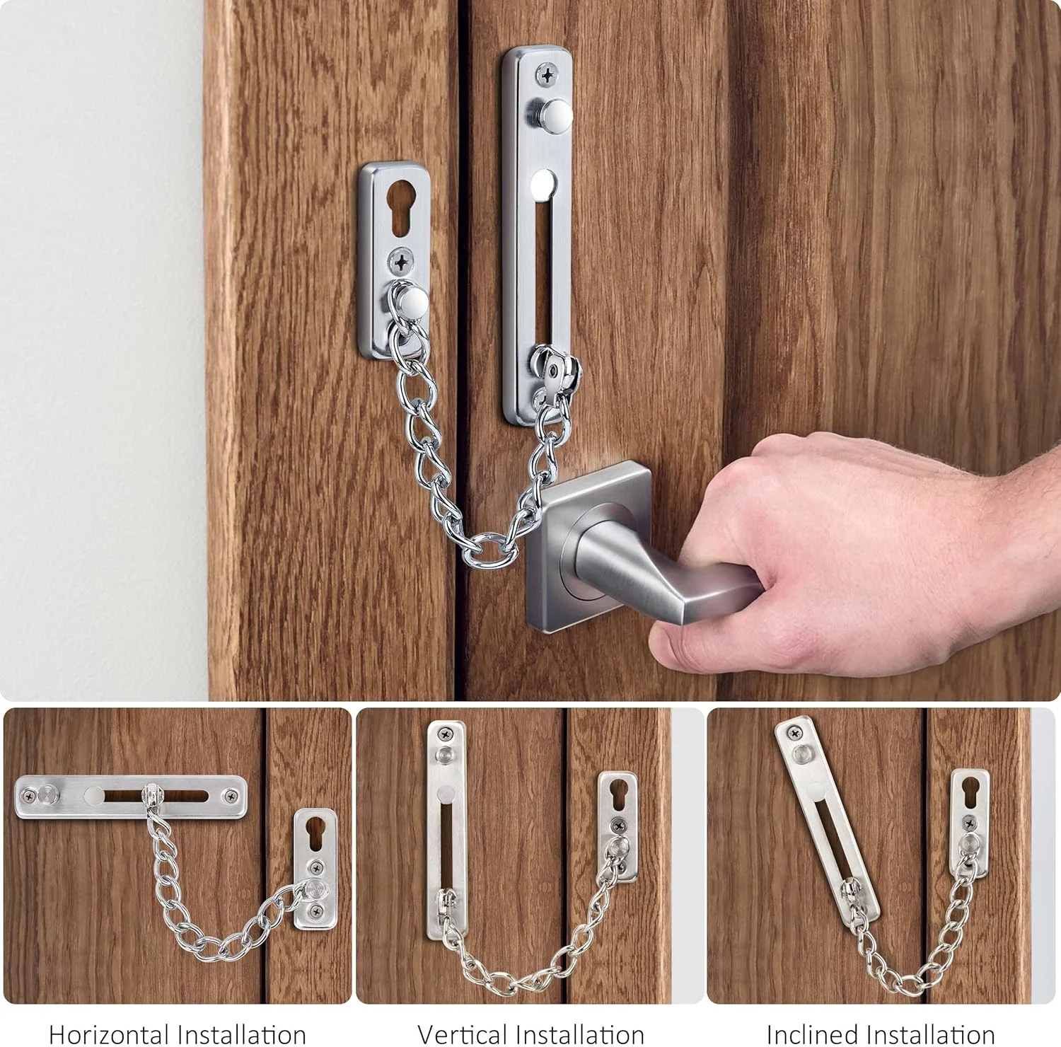 قفل زنجیری درب استیل ضد زنگ با قفل فشاری ضد سرقت، قفل حریم خصوصی امنیتی با پیچ برای خانه، آپارتمان، هتل، اتاق خواب، 2 عدد (نقره ای)