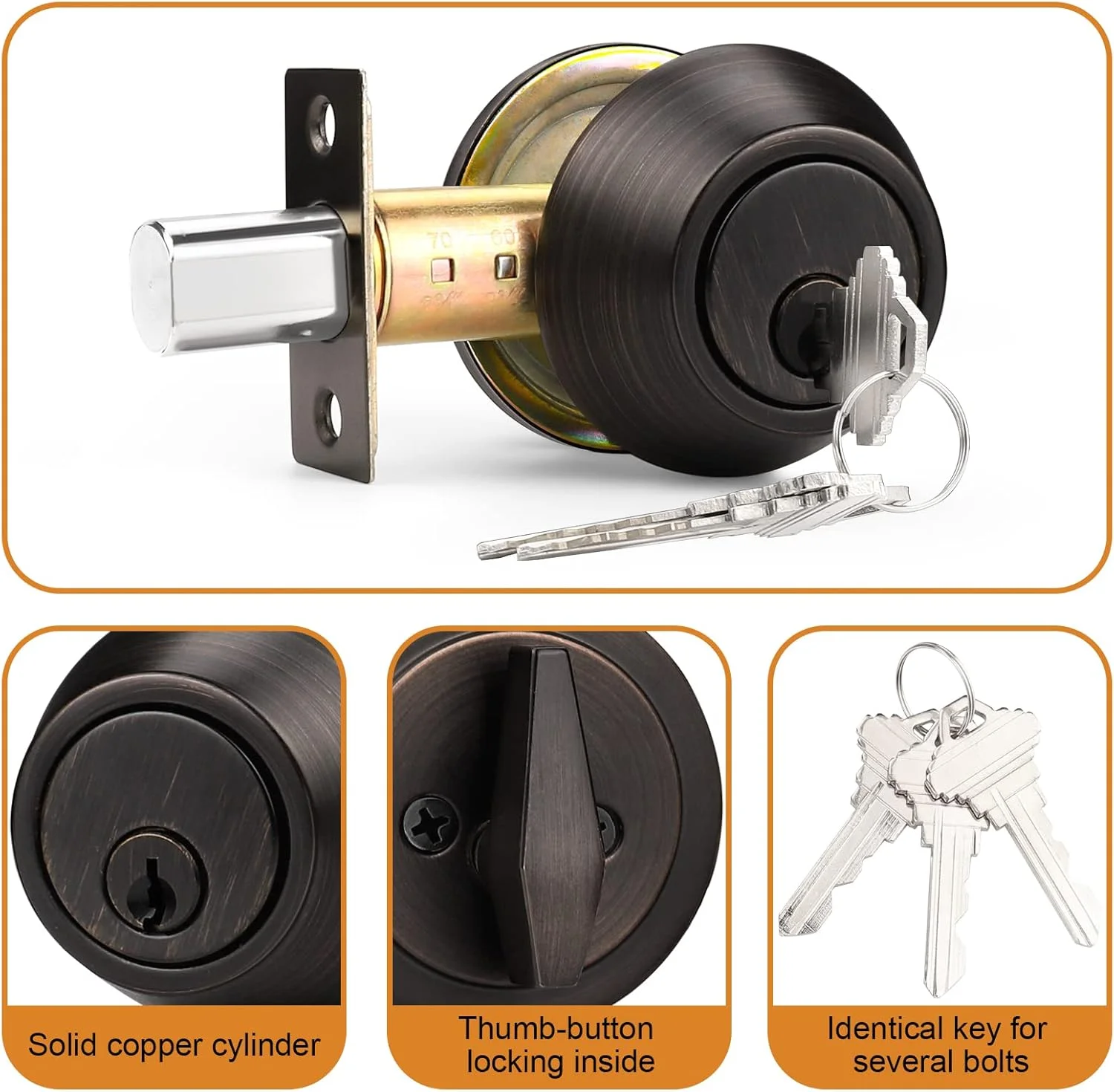 قفل های زبانه ای یکسان (بسته های ترکیبی) Probrico، قفل های زبانه ای تک سیلندر (برای درب ورودی و دروازه جلویی)، سخت افزار ضد سرقت 3 عددی قهوه ای مدل DLD101ORBDB-combo-3Pack-US