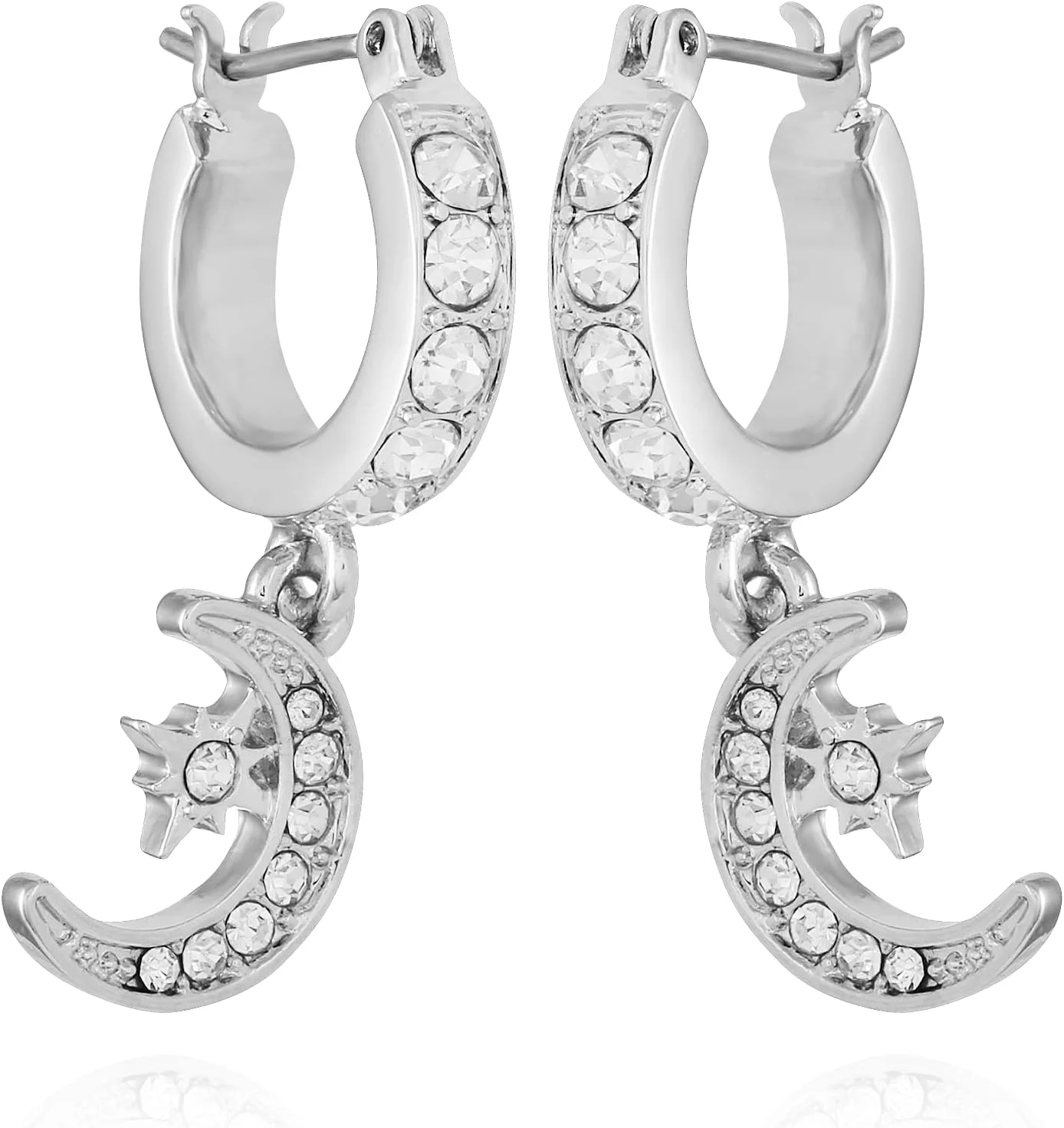 گوشواره های حلقه ای آویز ماه و ستاره GUESS Mini، سایز واحد، شیشه، بدون سنگ قیمتی