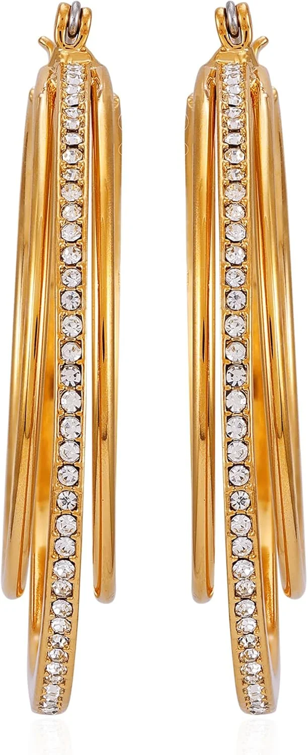 گوشواره های حلقه ای سه لایه نگین دار طلایی گس گوشواره های حلقه ای سه لایه نگین دار طلایی گس