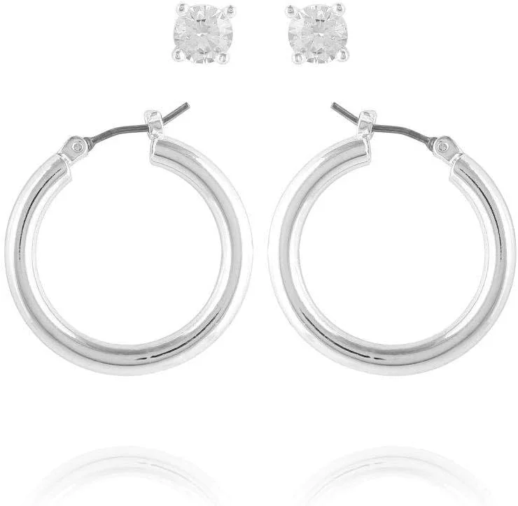 گوشواره میخی نگین دار و حلقه ای نقره ای رنگ گس