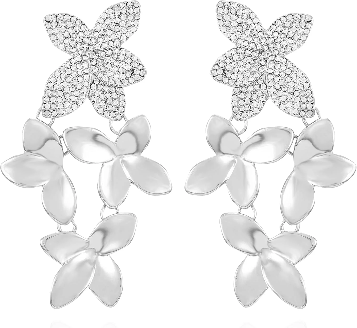 گوشواره های آویز خطی گلدار نگین دار نقره ای گس