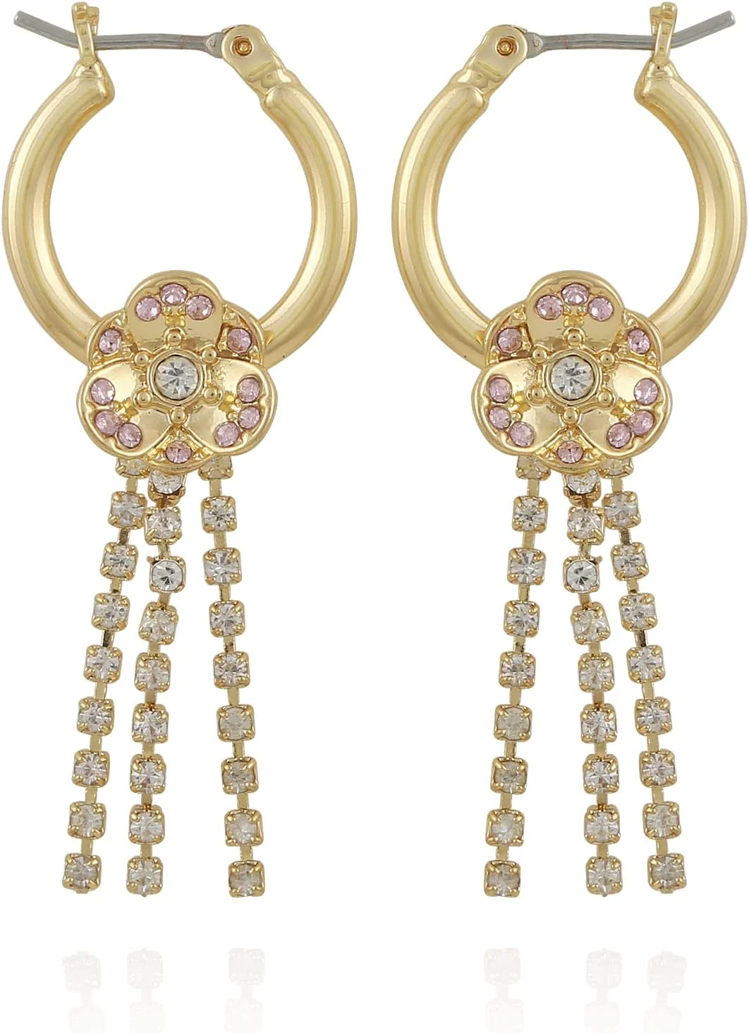 گوشواره های حلقه ای آویز گل صد تومانی با سنگ صورتی گس، تک سایز، شیشه روی، بدون سنگ قیمتی