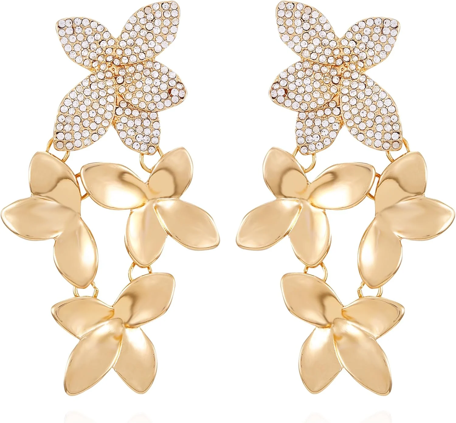 گوشواره های آویز خطی گلدار نگین دار طلایی گس